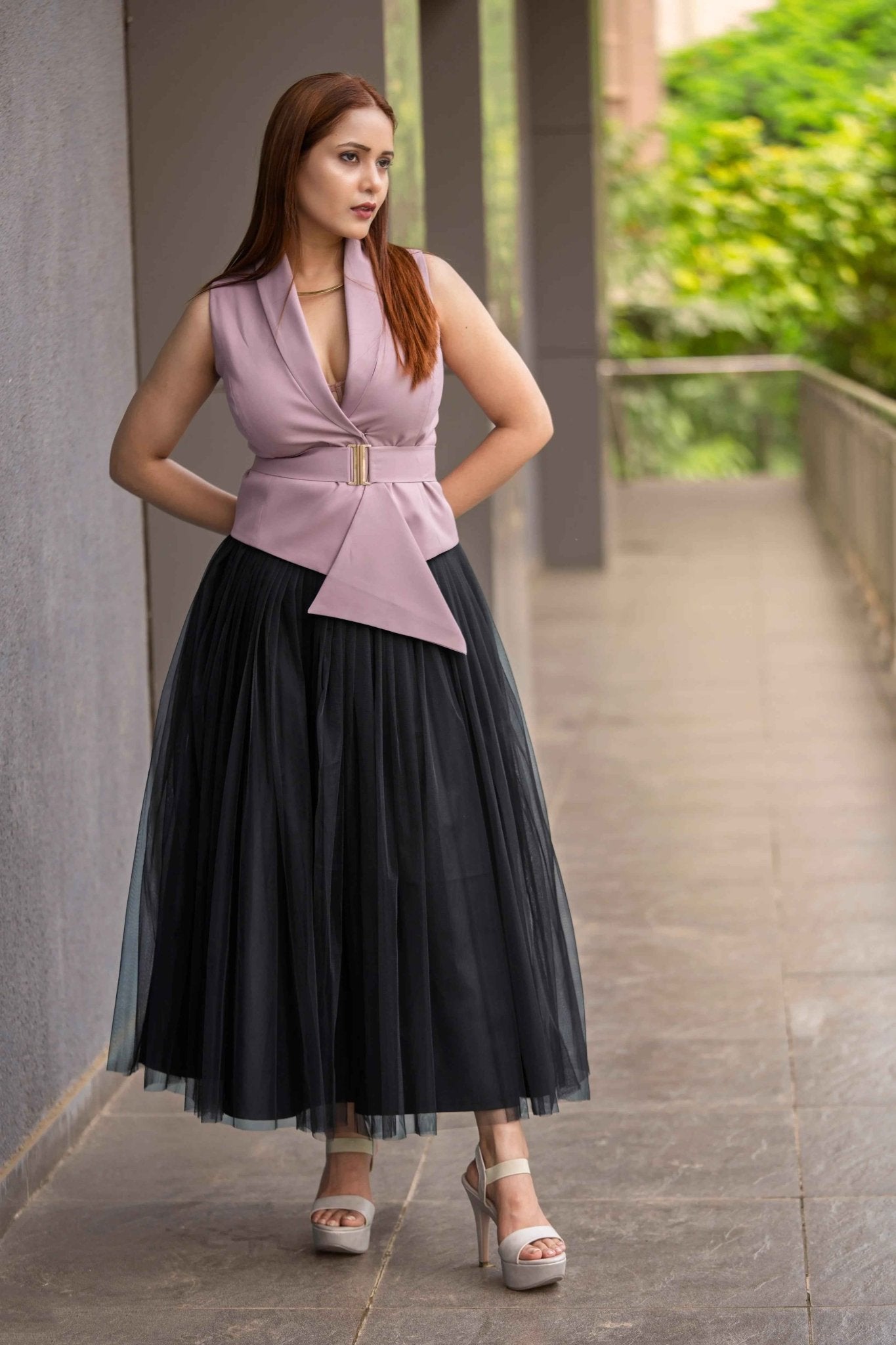 Black Skirt & Blush Pink Waist Coat – Timeless Contrast